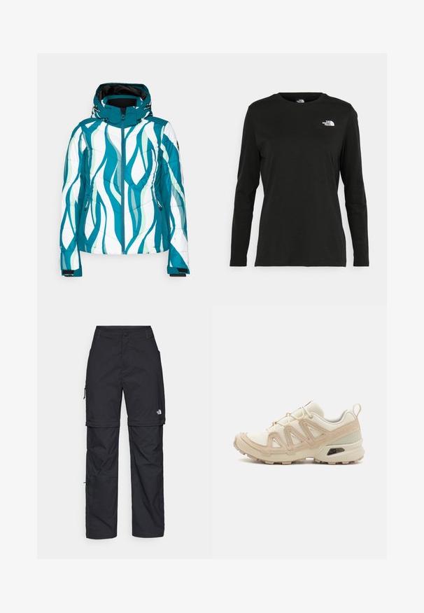 Casaco acolchoado em teal e branco com padrões ondulados, gola alta, fecho de zip, e bolsos laterais. Capuz e punhos ajustáveis.; T-shirt preto de mangas longas, feito de algodão, com decote redondo. Apresenta um pequeno logótipo branco na área esquerda do peito. Design simples e ajuste confortável.; Calças cargo pretas em nylon com fechos de correr removíveis, punhos ajustáveis, múltiplos bolsos e um logótipo na perna direita. Textura suave e leve.; Sapatilha atlética beige e creme com parte superior em malha texturizada, sobreposições de suporte e sola de borracha com um padrão de cravo para tração.