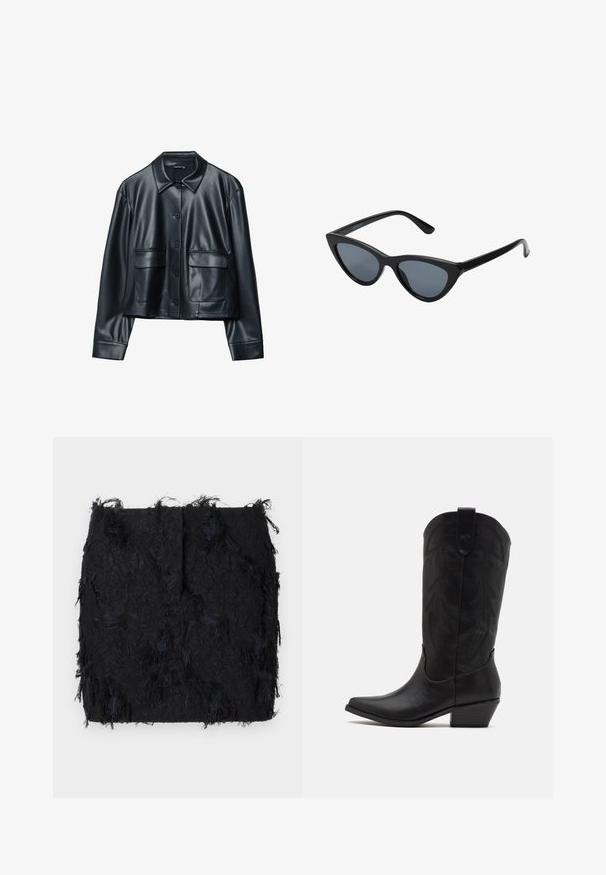 Veste en cuir noir avec un col, fermeture à bouton et deux poches avant. Présente une texture lisse et un design court.; Deux tops à col roulé sans manches en marron et noir, présentés sur un fond blanc uni.; Jupe noire texturée avec un design à franges superposées et un ourlet légèrement irrégulier, fabriquée en tissu léger.; Botte de cowboy en cuir noir avec un bout pointu, un talon bas empilé et un motif de feuilles embossé complexe sur la tige. Boucle en haut pour un enfilage facile.; Lunettes de soleil noires en forme d'œil de chat avec des verres gris foncé, monture en plastique élégante, coins pointus et branches droites. Pas de métal visible ni d'accents.; Sac à main en cuir bordeaux avec une forme incurvée, accents dorés sur la quincaillerie et une fermeture éclair. Dispose d'une bandoulière amovible.