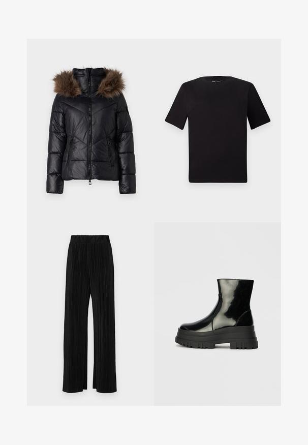 Mustern nööpidega must pufferjakki, millel on tumepruun kunstkarvane kapuuts, külgmised tõmblukkudega taskud ja tikitud muster.; Must olema lühikeste varrukatega must t-särk ümmarguse kaelusega, valmistatud pehmest puuvillast kangast. Lihtne disain, ilma nähtavate logode või mustriteta.; Mustad pleekitud püksid elastse vöökohtaga. Omavad laiad jalad ja sujuvat, tekstureeritud kangast vertikaalsete triipudega.; Must mustakate läikiv ankle boot paksu lõkkeka üle ja ümarate varvastega, külgvaates halli ühtlase taustal.