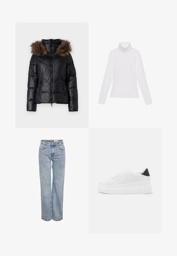 Black puffer jacket with a zip-up front, featuring a dark brown faux fur hood, side zip pockets, and a quilted pattern.; White long-sleeve turtleneck top made of smooth, stretchy fabric. Features a high collar and fitted design, with no visible patterns or embellishments.; Light blue wide-leg jeans made from denim, featuring a high waist, five-pocket design, and subtle fading for a worn-in look.; White platform sneakers made of smooth synthetic material, featuring a rounded toe, lace-up design, and a textured rubber sole. Black heel accent.