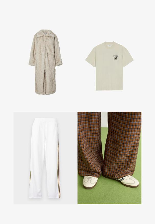 Long faux fur coat in light beige, featuring a notched collar and long sleeves. Soft texture with a fluffy appearance and no visible fastenings.; Short-sleeve beige t-shirt made of cotton, featuring a black graphic print on the left chest area with text and a globe design.; White athletic pants with an elastic waistband, featuring vertical stripes in green, brown, and orange along the sides. Soft texture.; Brown and blue plaid wide-leg trousers paired with white shoes featuring black accents and textured soles, set against a green background.