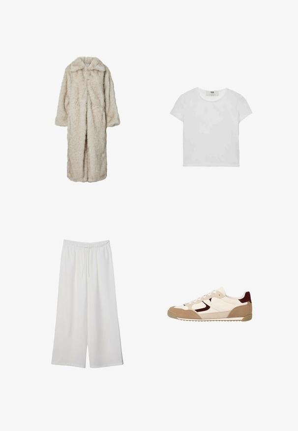 Lang faux fur frakke i lys beige med en klapkrave og lange ærmer. Blød tekstur med en fluffy udseende og ingen synlige lukninger.; Kortærmet, rundhalset hvid t-shirt lavet af blød bomuld, med et simpelt, rent design uden synlige mønstre eller accenter.; Hvide vidde bukser lavet af letvægtsstof, med en elastisk talje og snøre for justerbar pasform. Glat tekstur.; Sko med beige læder og brune suede detaljer, med en lav profil, rund tå og struktureret gummisål. Klassisk snøre-design.