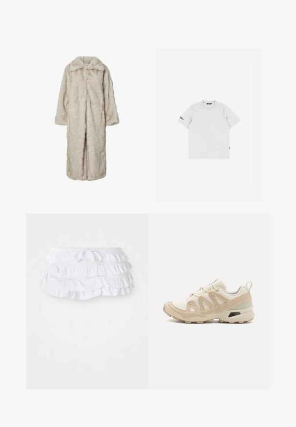 Pitkä vaalea beige keinokarvatakki, jossa on leikattu kaulus ja pitkät hihat. Pehmeä pinta, joka näyttää pörröiseltä, ilman näkyviä kiinnityksiä.; Valkoinen puuvillainen t-paita lyhyillä hihoilla, pyöreällä kaula-aukolla ja pienellä mustalla logolla ommeltuna vasempaan hihaan. Yksinkertainen ja sileä rakenne.; Valkoinen rypytetty uimapuku hame, jossa on useita kerroksia ja säädettävä nyörivartalo. Pehmeä kangas, jolla on sileä pinta.; Beige ja kreemi värvi sportlikud jalanõud, millel on tekstiilne mesh ülemine osa, toetavad ülekatted ja kummist tald, millel on mustripattern haardeks.