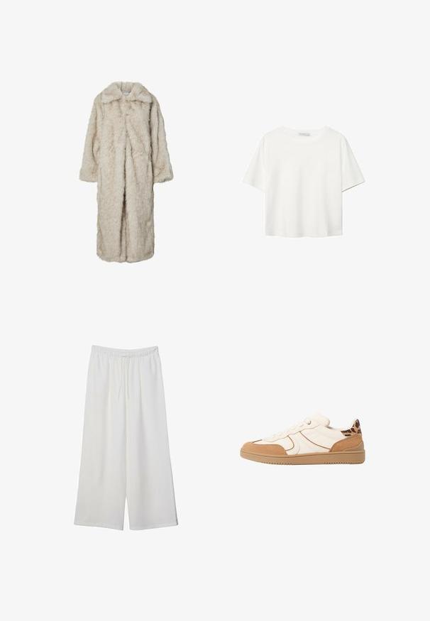 Cappotto lungo in pelliccia sintetica di un beige chiaro, dotato di colletto a rever e maniche lunghe. Texture morbida con un aspetto soffice e senza chiusure visibili.; T-shirt bianco a maniche corte realizzato in cotone. Presenta un collo tondo e una vestibilità rilassata. Texture liscia senza motivi o dettagli visibili.; Pantaloni bianchi a gamba larga realizzati in tessuto leggero, dotati di una vita elastica e di un cordino per una vestibilità regolabile. Texture liscia.; Sneaker bianchi e beige con tomaia in suede e sintetico, chiusura con lacci e dettaglio in stampa leopardata sul tallone. Suola in gomma piatta.