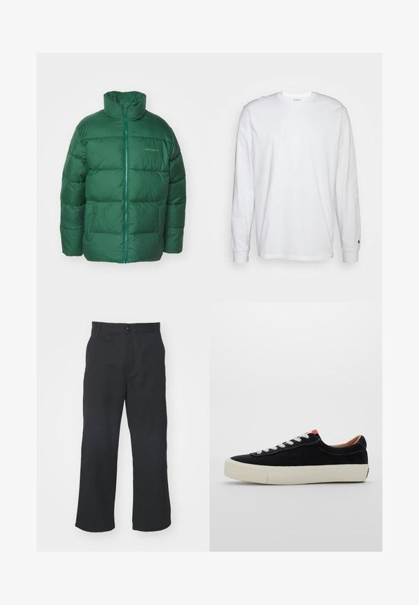 Casaco puffer verde com um colarinho alto, padrão acolchoado vertical e fecho na frente. Apresenta dois bolsos laterais e um logo discreto no peito.; T-shirt de mangas longas branca feita de algodão. Design de gola redonda com punhos canelados e um pequeno logotipo na manga esquerda. Textura suave.; Calças pretas de perna reta feitas de um tecido com uma textura suave, apresentando um fecho frontal com botão e bolsos standard.; Sapatilhas de tecido preto com atacadores brancos, sola de borracha bege e detalhe em vermelho no calcanhar. Bico arredondado e mínimo detalhe de costura.