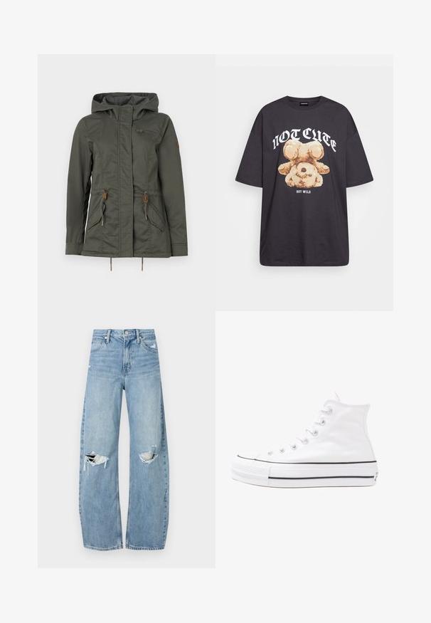 Olivno zelena jakna s kapuco, z zipom na prsnem žepu, dvema sprednjima žepoma, pasom na vezanje in rjavimi detajli na opremi.; Črna oversized majica s kratkimi rokavi, na kateri je grafika medveda z besedilom „NI SRČKAN VKLJUČNO Z DIVJIM“ v poudarjenem belem tisku. Material: bombaž.; Svijetloplave traperice visoki struk. Imaju široke nogavice, dva poderana područja na koljenima i klasičan petotoksi stil.; Beli visoki platneni športni čevelj z črnim gumijastim podplatom, sprednjim gumijastim zaščitnikom za prste in šestimi luknjicami za vezalke, ki se ponaša s preprostim, minimalističnim dizajnom.