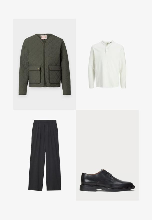 Grüne wattierte Jacke mit rundem Ausschnitt, durchgehendem Reißverschluss, zwei Klappentaschen und subtilen Logodetail. Sie zeichnet sich durch ein strukturiertes, gepolstertes Design aus.; Weißes Langarm-Henley-Shirt mit drei Knöpfen und rundem Ausschnitt, auf einem schlichten weißen Hintergrund präsentiert.; Weit geschnittene Hosen aus dunkelgrauem Stoff. Merkmale sind Falten an der Taille, ein maßgeschneiderter Schnitt und eine gerade Silhouette.; Schwarze Lederdressschuhe mit runder Zehenform, Schnürdesign und niedrigem gestapeltem Absatz. Glatte Textur mit minimalen Nähten.