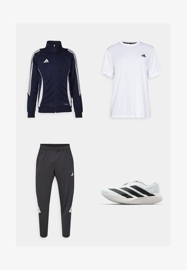 Námořnická sportovní bunda vyrobená z hladké látky, se bílými pruhy na rukávech a vysokým límcem. Logo na hrudi, zapínání na zip vpředu.; Bílý sportovní tričko s krátkými rukávy, vyrobené z materiálu odvádějícího vlhkost. Na levé straně hrudi se nachází černé logo a vnitřní límec je vzorovaný.; Černé atletické kalhoty se zúženými nohavicemi, elastickým pasem, bočními kapsami a bílým logem a proužky jako ozdobou. Vyrobené z hladkého, lehkého materiálu.; Lehké běžecké boty v světle modré barvě s černými pruhy. Mají hladký svršek, kulatou špičku a silnou bílou mezipodešev označenou "LIGHTSTRIKE PRO."