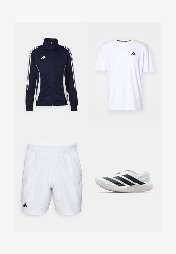 Tumes sinine sportlik jakk, mis on valmistatud siledast kangast, valgete triipudega varrukatel ja kõrge kraega. Rinna peal on logo, ees lukk.; Valge lühikeste varrukatega T-särk, mis on valmistatud sileda tekstuuriga kangast. Vasakul rinnal on must adidas logo ja mustriline krae.; Valged sportlikud lühikesed püksid elastse vöökohtaga, tekstureeritud kangaga ja musta Adidas'i logoga vasakus alajalas.; Kerged jooksujalatsid helesinises värvuses mustade triipudega. Omavad siledat pealispinda, ümarat varvase osa ja paksu valget vahemõõtu, millel on silt "LIGHTSTRIKE PRO".