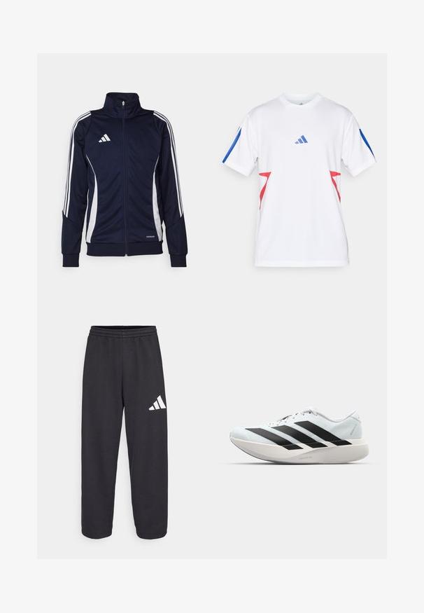 Marine atletisk jakke laget av glatt stoff, med hvite striper på ermene og høy krage. Logo på brystet, glidelås foran.; Hvit treningsskjorte laget av lett mesh, med blå aksenter på ermene og røde trekantede design på sidene. Adidas-logoen er synlig.; Svarte joggebukser med avslappet passform, med elastisk midje og en hvit geometrisk logo på venstre bein. Glatt stoffstruktur.; Lette løpesko i lys blå med svarte striper. Har en myk overdel, rund tå og tykk hvit mellomsole merket "LIGHTSTRIKE PRO."