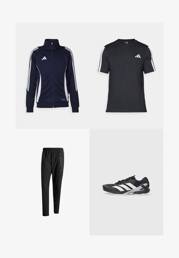 Marine sportjack gemaakt van gladde stof, met witte strepen op de mouwen en een hoge kraag. Logo op de borst, ritsluiting aan de voorkant.; Zwarte T-shirt van katoen met korte mouwen, met witte strepen op de schouders en een wit logo op de linkerkant van de borst.; Zwarte sportbroeken met een elastische tailleband, twee ritszakken aan de zijkant, taps toelopende pijpen en een subtiele logo-detail op de heup.; Zwarte sportschoen met witte strepen, bovenwerk van mesh, ronde neus en geveerde zool. Heeft een getextureerde hak en een veilig vetersysteem.