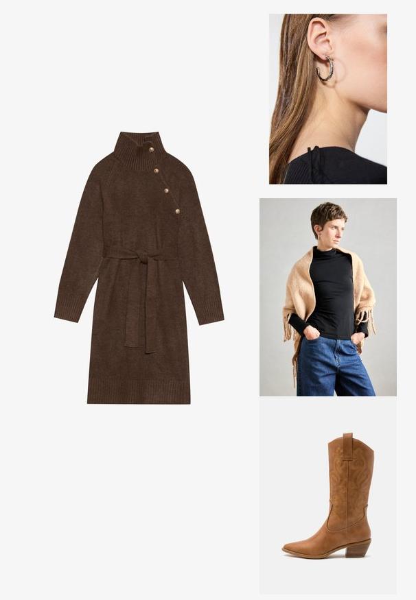 Beige ullsjal med fransade kanter draperat över en svart polotröja. Modellen står med händerna i fickorna, mot en neutral bakgrund.; Brun stickad klänning med hög ribbad krage, sidoknappar och ett matchande tygbälte. Ribbad manschetter och nederkant ger textur.; Bruna lädercowboystövlar med spetsig tå, broderade virvelmönster på skaftet och en staplad blockklack. Har en dragflik för enkel påtagning.; Silverörhänge med polerad yta, med små detaljer i guld och rund form, bärs på loben.