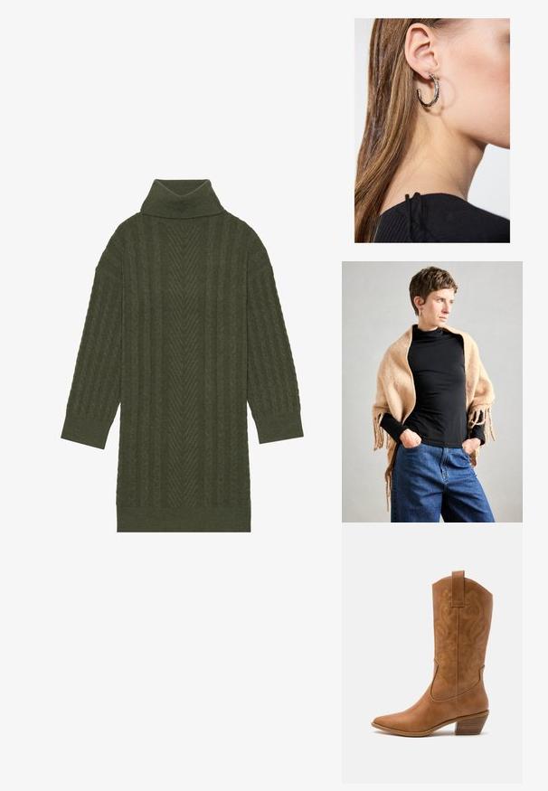 Bež volneni šal z resicami, premeščen preko črnega puloverja z visokim ovratnikom. Model stoji z rokami v žepih, pred nevtralno ozadjem.; Olivnozeleni pulover s turtleneck ovratnikom, ki se ponaša z teksturiranim pletenim vzorcem z navpičnimi črtami in rokavi dolžine tri četrt.; Rjavi usnjeni kauboj čevlji s koničastim nosom, vezenimi vijugastimi vzorci na zgornjem delu in zloženim kvadratnim peto. Imajo zanko za enostavno obuvanje.; Srebrna obročasta uhana s polirano površino, ki vključuje majhne zlate poudarke in okroglo obliko, nošena na ušesnem lobu.