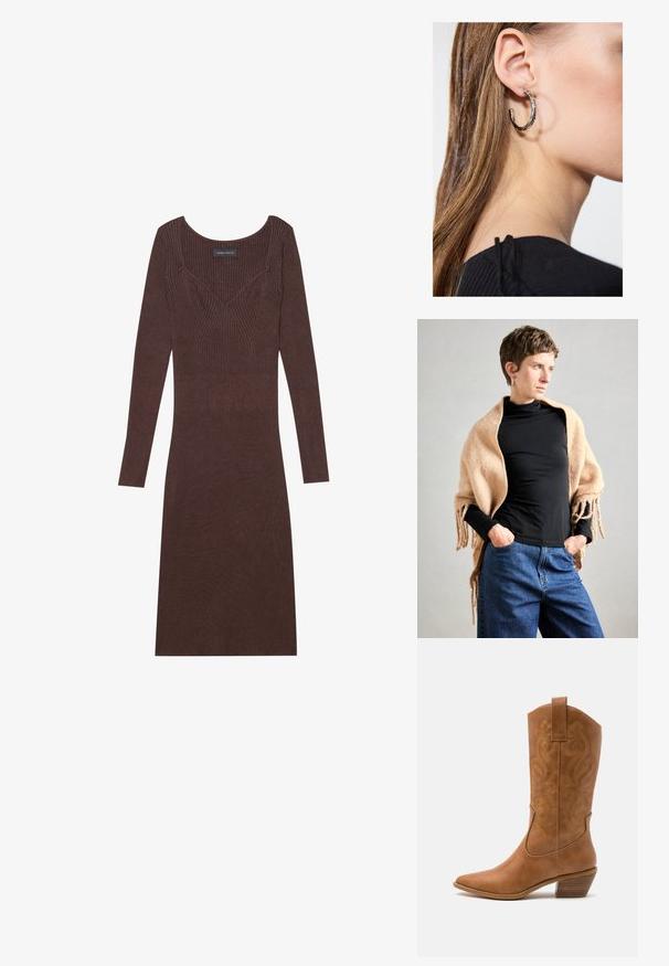 Chal de lana beige con bordes flecados, drapeado sobre un suéter negro de cuello alto. La modelo está de pie con las manos en los bolsillos, frente a un fondo neutro.; Vestido marrón de manga larga con canalé, escote amplio y silueta ajustada. Presenta un detalle de costura en forma de V en el cuerpo.; Bota de vaquero de cuero marrón claro con punta afilada, patrones de espiral bordados en el tubo y un tacón bloque apilado. Cuenta con una pestaña de agarre para facilitar su uso.; Pendiente de aro de plata con un acabado pulido, que presenta pequeños detalles en dorado y una forma redonda, llevado en el lóbulo.