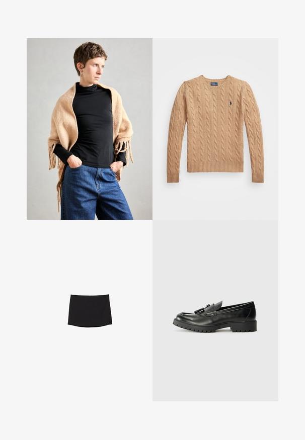 Châle en laine beige avec des bords frangés drapé sur un col roulé noir. Le mannequin se tient les mains dans les poches, devant un fond neutre.; Pull en maille torsadée beige avec un col rond, des poignets et un ourlet côtelés, et un petit logo sur la poitrine gauche. Tissu doux et texturé.; Chemise blanche à manches longues en coton, dotée d'un col classique et d'un petit logo brodé sur la poitrine.; Minijupe noire en tissu lisse et extensible ; présente une coupe droite avec un ourlet subtil et sans fermetures ni motifs visibles.; Mocassins en cuir noir avec un bout arrondi, des coutures marquées et une semelle en caoutchouc texturé. Présentent un matériel décoratif sur le cou-de-pied.