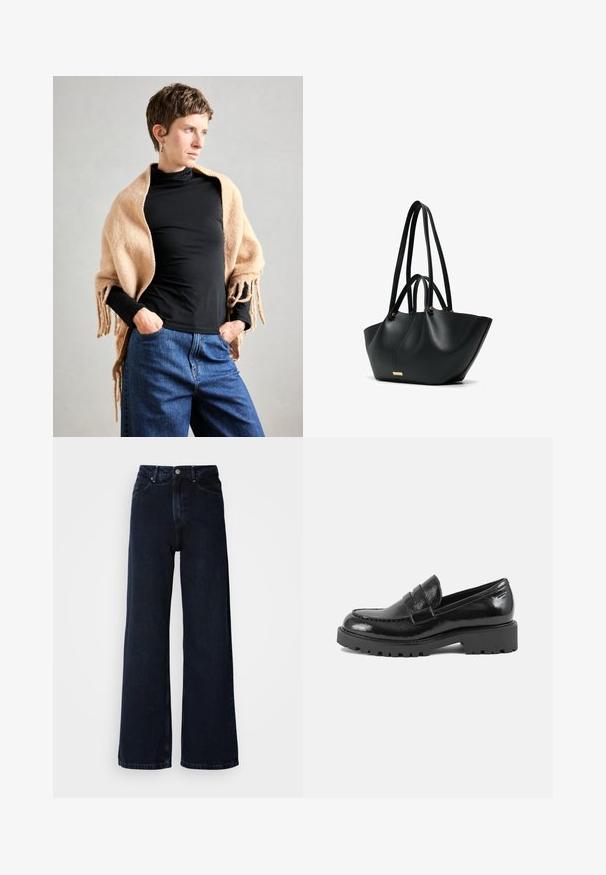 Beige wool shawl with fringed edges draped over a black turtleneck. Model stands with hands in pockets, against a neutral background.; Black long-sleeve ribbed top featuring a square neckline, slim fit, and textured fabric. Ideal for layering or casual wear.; Dark blue wide-leg jeans featuring a high waist, button closure, front pockets, and a smooth denim texture.; Black patent leather loafer with a structured toe, decorative strap across the vamp, and a thick, rugged sole. Smooth, glossy finish.; Black leather tote bag with two long shoulder straps and two shorter hand straps, trapezoid shape, gold-tone brand plaque on front.