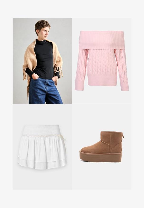 Beige uld sjal med frynsede kanter draperet over en sort turtleneck. Model står med hænderne i lommerne, mod en neutral baggrund.; Off-the-shoulder lyserød sweater med ribbet halsudskæring, kabelstrik mønster og lange ærmer. Blød tekstur og cropped pasform.; Hvid tiered nederdel med elastisk talje, der har en tekstureret smocking-detalje og en dekorativ båndaccent. Lavet af bomuldsstof.; Tan ruskinds ankelstøvle med platformssål, rund tå og syninger; har en løkke bagpå for nem påtagning.