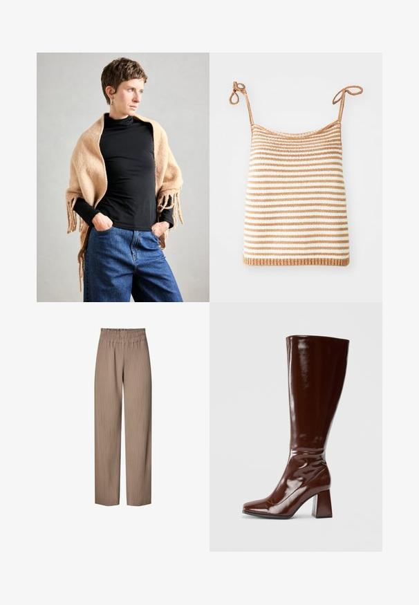 Beež villane sall frangeeritud servadega, mis on heidetud musta kõrge kaelusega pluusi peale. Modell seisab käed taskutes neutraalses taustas.; Ribaga kootud tipp reguleeritavate sõlmedega, millel vahelduvad pruunid ja valged horisontaalsed triibud, naha lähedane istuvus ja volditud äär.; Kärgiga laiad püksid heledast pruunist kangast, millel on elastne vöökoht ning vertikaalsed triibud, mis lisavad tekstuuri ja disaini.; Knee-high pruunid sädelevad nahast saapad ruudukujulise varbaga, läikiva viimistluse ja stabiilse Chunky kontsaga. Üksik disain, ilma nähtava riistvarata.