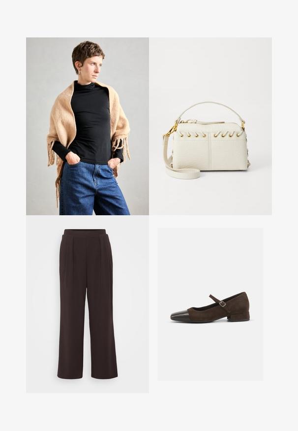 Châle en laine beige avec des bords frangés drapé sur un col roulé noir. Le mannequin se tient les mains dans les poches, devant un fond neutre.; Bodysuit blanc sans manches avec un col montant et une coupe string. Texture lisse et silhouette ajustée conçue pour un look près du corps.; Pantalons large marron foncé avec des plis, fabriqués en tissu lisse. Caractéristiques d'une couleur unie et d'une taille élastique pour le confort.; Chaussure Mary Jane en daim marron avec un embout en cuir verni noir, bride ajustable et un petit talon carré. Texture lisse avec de minimalistes accents.; Sac à main en simili cuir blanc avec une fermeture éclair sur le dessus, une courte poignée et une bandoulière amovible avec des détails en métal doré. Détail de laçage sur le côté.; Boucle d'oreille en argent avec une finition polie, présentant de petits détails en or et de forme ronde, portée sur le lobe.