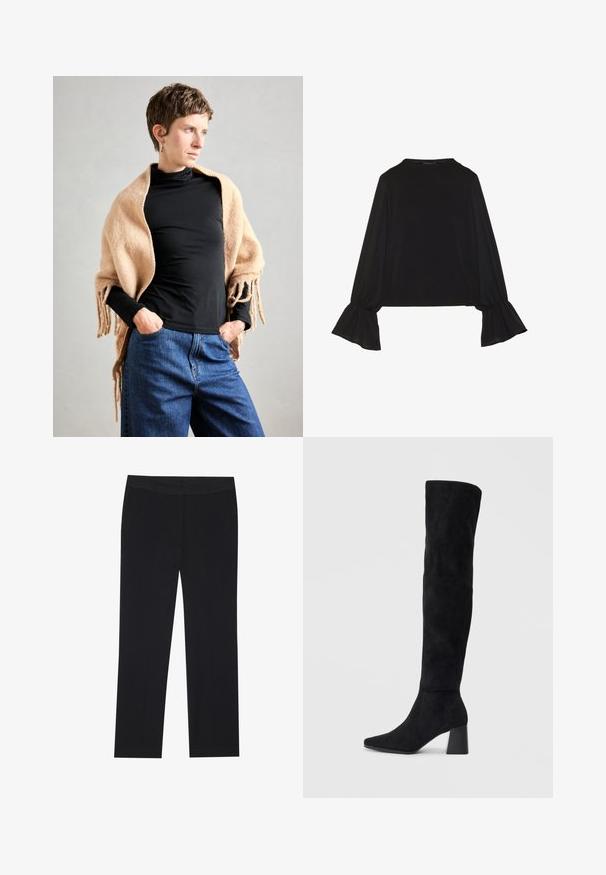 Beige wool shawl with fringed edges draped over a black turtleneck. Model stands with hands in pockets, against a neutral background.; Black long-sleeve top featuring flared cuffs, soft texture, and a relaxed fit, with a simple round neckline.; Black trousers with a straight leg design, featuring side pockets and a smooth fabric texture. Minimal detailing, clean waistband.; Black suede knee-high boot with block heel, pointed toe, and smooth, seamless design on a plain light background.