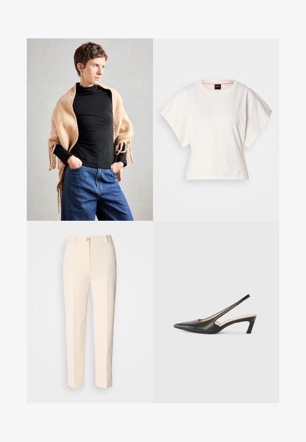 Bežs vilnas šalle ar frizētām malām, uzkārtota uz melnas kakla augšdaļas. Modelis stāv ar rokām kabatās, pret neitrālu fonu.; Balts īsais T-krekls, plašas īsas piedurknes, mīksts kokvilnas materiāls, apaļa kakla izgriezums ar delikātu oranžu apdari, minimāls dizains, bez rakstiem vai grafikām.; Krēma krāsas augstākā jostas līmeņa bikses, izgatavotas no teksturēta auduma. Tām ir aizdare priekšā ar pogu un sašaurināti kājām.; Melna, ar smailu purngalu, slingback kurpe ar zemu papēdi, izgatavota no gludas ādas materiāla un ar izgriezumiem sānos gaisa caurlaidībai.