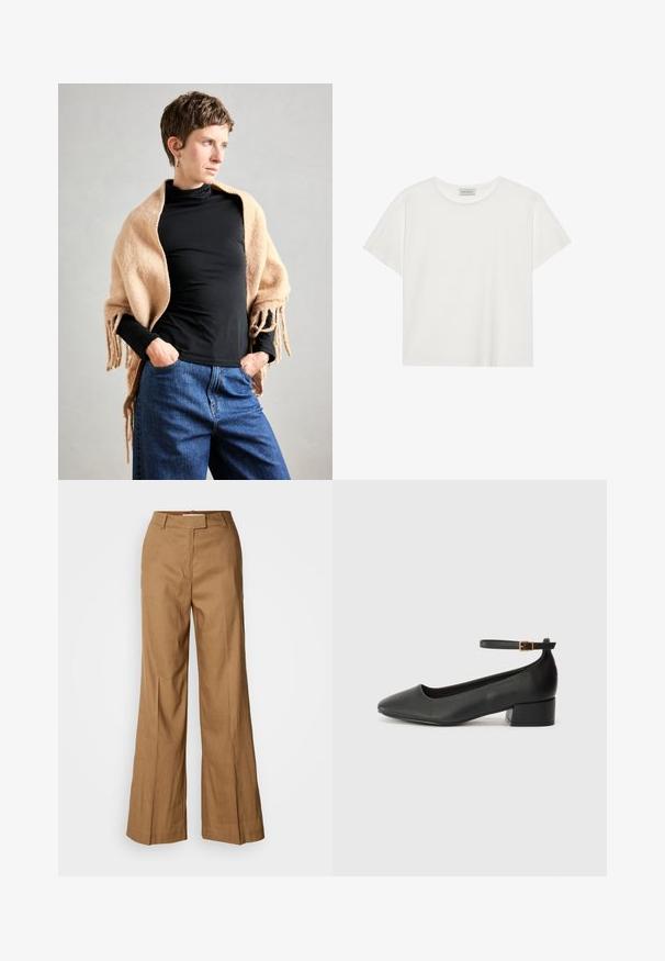 Beige gyapjú sál rojtos szélekkel, fekete garbóra terítve. A modell áll, kezét a zsebébe dugva, semleges háttér előtt.; Fehér, rövid ujjú póló, puha pamutból készült. Kerek nyakkivágással és laza szabással rendelkezik. Tiszta dizájn, látható minták vagy díszítések nélkül.; Barna, széles szárú nadrág könnyű anyagból. Jellemzője a sima elülső rész, övhurkok és az alakra szabott sziluett, boka hosszúságú kivitelben.; Fekete bőr magassarkú cipő hegyes orral és alacsony tömb sarkal. Bokapánttal rendelkezik, aranyszínű csattal. Simább textúra.