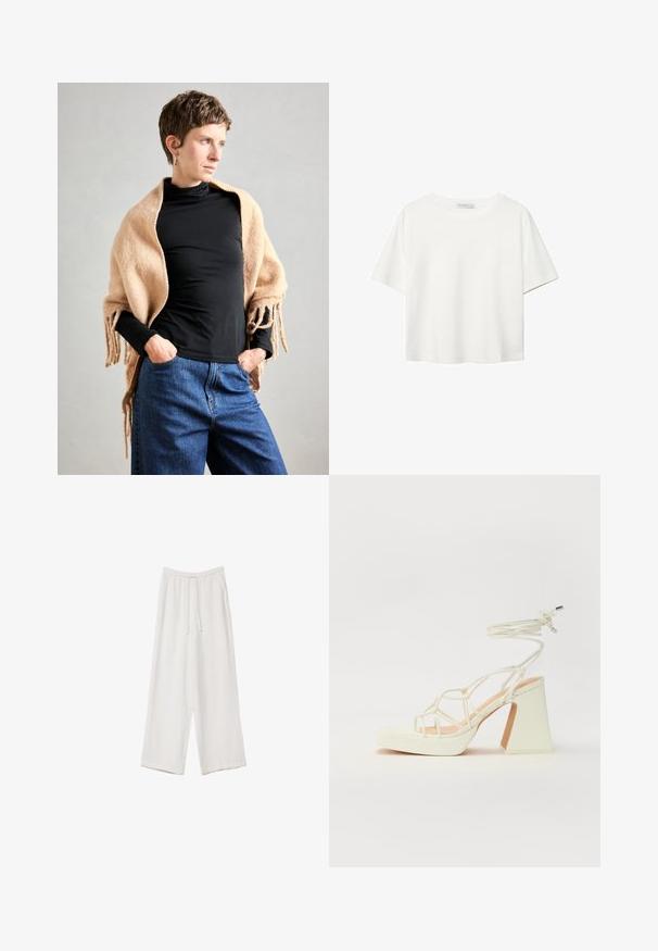 Bež vuna šal s resicama prebačen preko crne dolčevite. Model stoji s rukama u džepovima, ispred neutralne pozadine.; Bijela majica kratkih rukava od pamuka. Ima okrugli izrez i opušteni kroj. Glatka tekstura bez vidljivih uzoraka ili naglasaka.; Bijele hlače širokih nogavica napravljene od lagane tkanine. Imaju elastičan pojas s ušicom i bočne džepove. Glatka tekstura.; Bijela sandala na visokoj potpetici s debelim petom, s remenom i vezanjem oko gležnja. Glatka tekstura s platformom sprijeda za dodatnu visinu.