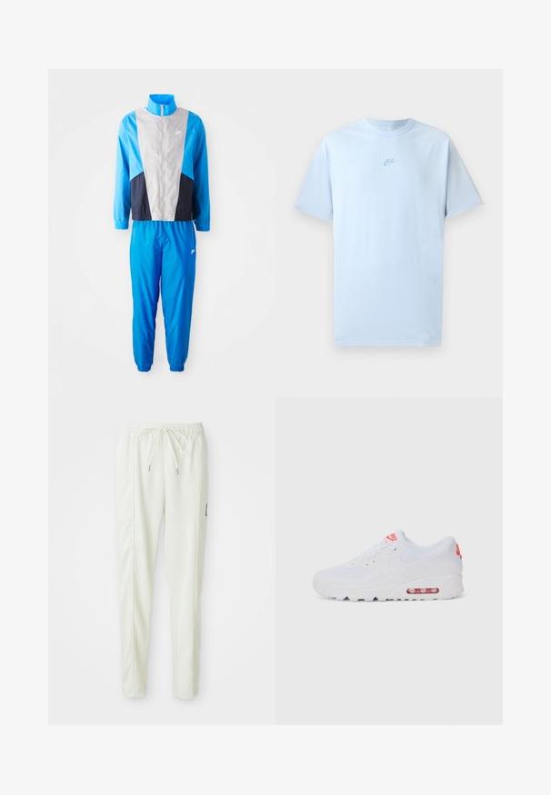 Blå og grå treningsdrakt med en glidelåsjakke med fargeblokkdesign, elastiske mansjetter, og matchende bukser med ankelmansjetter og logo detalj.; Himmelsblå bomull T-skjorte med korte ermer, rund hals og brodert Nike-logo i en noe mørkere blåfarge på brystet.; Hvite slim-fit joggebukser med elastisk midje og snor, med side-seam detaljer og en liten svart lapp på høyre bein.; Hvite atletiske joggesko med glatt overdel, snøring, polstret såle og synlig luftenhet med røde detaljer på merket.
