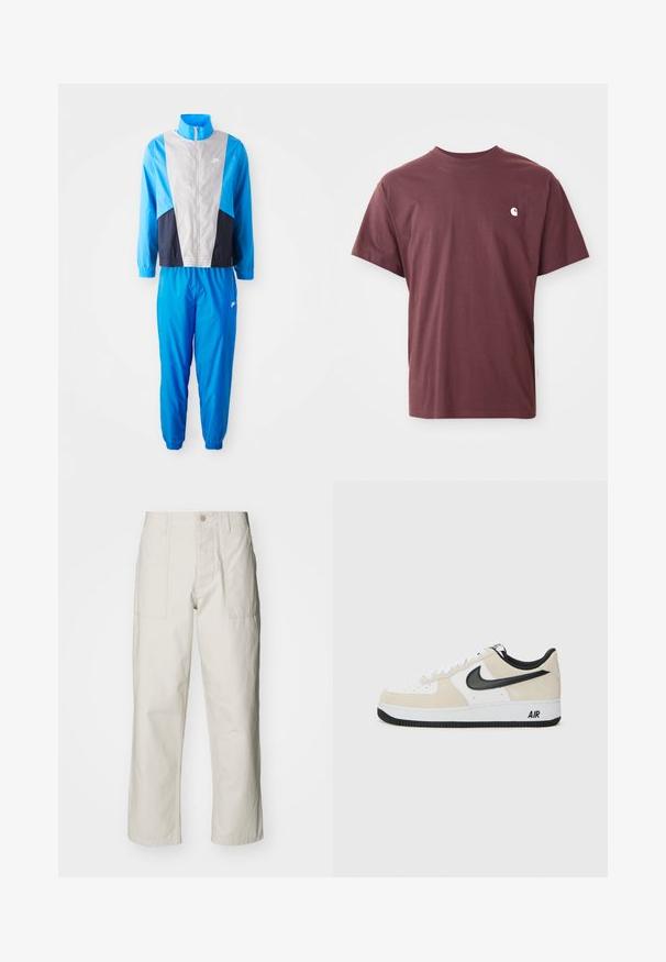 Fato de treino azul e cinza com uma jaqueta de fecho éclair e design em bloco de cores, punhos elásticos e calças combinando com punhos nos tornozelos e detalhe do logotipo.; T-shirt de algodão bordô com mangas curtas, decote redondo e um pequeno logótipo branco no lado esquerdo do peito. Textura suave, ajuste descontraído.; Calças largas em bege claro, feitas de algodão. Apresentam bolsos frontais e fecho com botão. Textura suave com linhas verticais subtis.; Sapatilhas com parte superior em camurça bege claro e couro branco, swoosh da Nike em preto, detalhes em preto e uma sola de borracha branca com a marca "AIR".