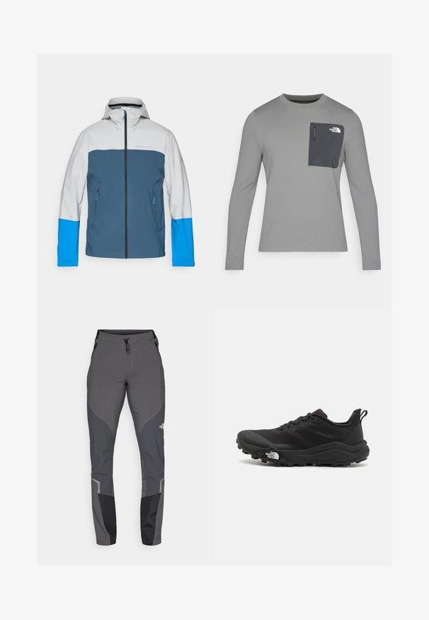 Wasserdichte Jacke mit grauem Oberteil, blauem Mittelteil und hellblauen Ärmeln. Verfügt über einen Reißverschluss vorne und zwei Seitentaschen.; Langärmliges graues Shirt aus strukturiertem Stoff, mit einer dunkelgrauen Brusttasche und einem Reißverschluss. Logo in Weiß auf der Tasche.; Graue Wanderhosen mit tailliertem Design, mehreren Taschen und kontrastierenden dunkelgrauen und schwarzen Akzenten. Hergestellt aus einem flexiblen, strapazierfähigen Material.; Schwarzer Trailrunning-Schuh mit strukturiertem Obermaterial, Gummisohle und verstärkter Zehenkappe. Verfügt über einen gepolsterten Kragen und eine Ziehlasche für einfaches Anziehen.