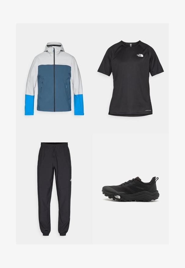 Ūdensizturīga jaka ar pelēku augšdaļu, zilu vidusdaļu un spilgti ziliem piedurkņu līmeņiem. Tam ir priekšējais rāvējslēdzējs un divas sānu kabatas.; Melna sporta krekla īsām piedurknēm ar strukturētu audumu, kas ir ar baltu logotipu kreisajā krūtīs un taisnu apakšmalu.; Melni sporta bikses, kas izgatavotas no viegla auduma, ar savelcamu jostu, sānu kabatām un sašaurinātiem apakšējiem galiem pie potītēm.; Melnas taku skriešanas kurpes ar teksturētu virsu, gumijas zoli un pastiprinātu pirkstu daļu. Aprīkotas ar mīkstu apkakli un vilkšanas cilpu, lai viegli uzvilktu.