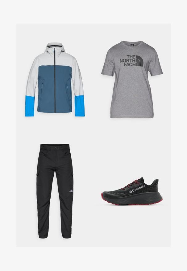 Waterproof jacket with a gray top, blue middle, and bright blue sleeves. Features a front zipper and two side pockets.; Gray short-sleeve t-shirt made of cotton blend, featuring a black graphic print of "THE NORTH FACE" and a curved logo detail on the front.; The North Face HORIZON PANT - Outdoor trousers - black; Black athletic shoe with textured upper, red laces, and logo. Thick sole with patterned tread for traction. Minimalist design, side view.