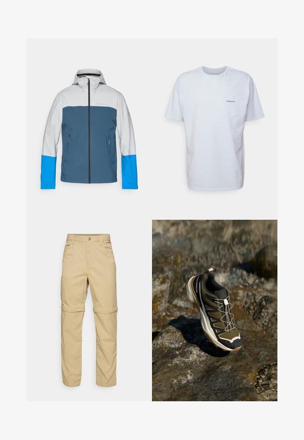 Veste imperméable avec un haut gris, un milieu bleu et des manches bleu vif. Comprend une fermeture éclair à l'avant et deux poches latérales.; T-shirt en coton blanc à manches courtes, col rond et poche sur la poitrine gauche, arborant un logo "Patagonia" bleu. Coupe classique avec une texture lisse.; Pantalons dézippables beige avec une texture lisse, dotés de deux poches latérales, d'une fermeture à bouton et de poignets retroussables pour plus de polyvalence.; Chaussure de randonnée en vert olive et noir avec des accents roses. Elle présente un dessus texturé, une semelle flexible, une coque avant renforcée et un système de laçage coloré.