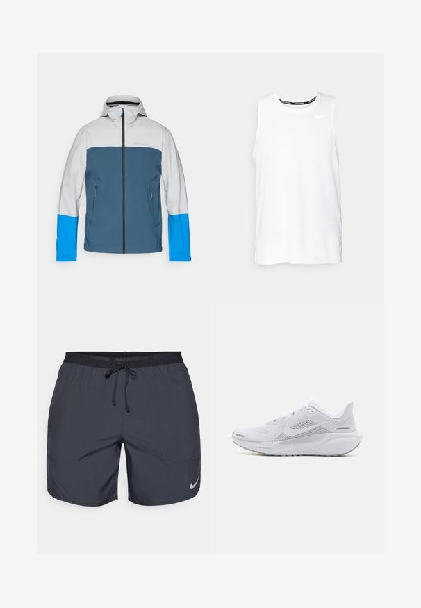 Ūdensizturīga jaka ar pelēku augšdaļu, zilu vidusdaļu un spilgti ziliem piedurkņu līmeņiem. Tam ir priekšējais rāvējslēdzējs un divas sānu kabatas.; Baltā bezpiedurkņu Nike skriešanas krekla ar apaļu dekoltē, gludu tekstūru un melnu Nike logotipu kreisajā augšējā krūtī.; Nike skriešanas šorti tumši pelēkā krāsā, ar elastīgu jostu un auklu, kā arī sudraba logotipu zem labā kājas apakšdaļā.; Baltā sporta apava ar sieta augšdaļu, gludām tekstūras aplikācijām, pelēkiem akcentiem, šņorēm un amortizētu zoli, kas izstrādāta veiktspējai.