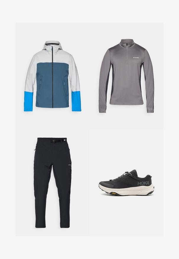 Wasserdichte Jacke mit grauem Oberteil, blauem Mittelteil und hellblauen Ärmeln. Verfügt über einen Reißverschluss vorne und zwei Seitentaschen.; Grauer Pullover mit langen Ärmeln und halber Reißverschluss, strukturierter Stoff, kontrastierende schwarze Seitenteile und kleines Logo auf der Brust.; Columbia ESSENTIAL HIKE™ PANT - Outdoor-Hose - black; Schwarzer Sportschuh mit strukturiertem Obermaterial, grauen Akzenten, reflektierenden Details und einer dicken weißen Sohle mit Vibram-Logo.