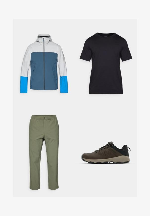 Atsparus vandeniui džemperis su pilku viršumi, mėlynu viduriu ir ryškiai mėlynomis rankovėmis. Yra priekinis užtrauktukas ir dvi šoninės kišenės.; Juodas marškinėliai, pagaminti iš lygaus audinio, su apvalia kaklo iškirpte ir trumpomis rankovėmis. Subtilus prekės ženklas juodai atspausdintas ant krūtinės.; Olivinės žalios spalvos kelnės, pagamintos iš lengvos medžiagos, su elastinga juosmens juosta, sagos uždarymu ir tiesiomis kojomis, be matomų raštų.; Rudi nepralaidūs sportbačiai su tekstūruota viršutine dalimi, perforuotomis detalėmis, juodu kulno palaikymu ir pilku guminio padu. Šniūreliai yra dekoruoti metaliniais galais.