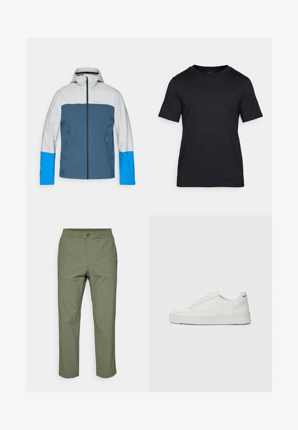 Vannavstøtende jakke med grå topp, blå midtdel og lys blå ermer. Har en glidelås foran og to sidelommer.; Svart T-skjorte laget av glatt stoff, med rund hals og korte ermer. Diskret merkevaretrykk i svart på brystet.; Olivenfargede bukser laget av lett stoff, med elastisk midje, knappelukking og rett benpassform uten synlige mønstre.; Hvite lærersneakers med en jevn overflate, rund tå, flate lisser og en teksturert såle. Har en subtil logo på hælen.