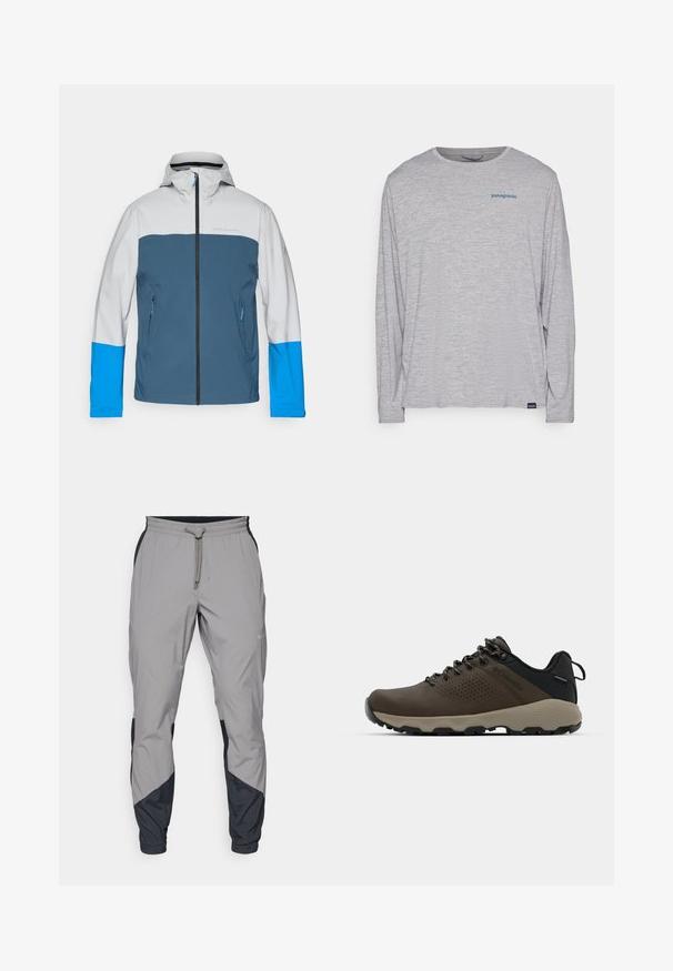 Vattentät jacka med grå överdel, blå mittdel och klara blå ärmar. Har en framsida med dragkedja och två sidofickor.; Ljusgrå t-shirt med långa ärmar gjord av mjukt, texturerat tyg. Har en rund hals och en liten blå Patagonia-logotyp på bröstet.; Lätta, grå träningsbyxor med svarta detaljer. Elastisk midja, dragsko stängning, tapered design och sidofickor.; Bruna vattentåliga sneakers med en strukturerad ovandel, perforerade detaljer, svart hälstöd och en grå gummisula. Snörningen har metalliska ändar.