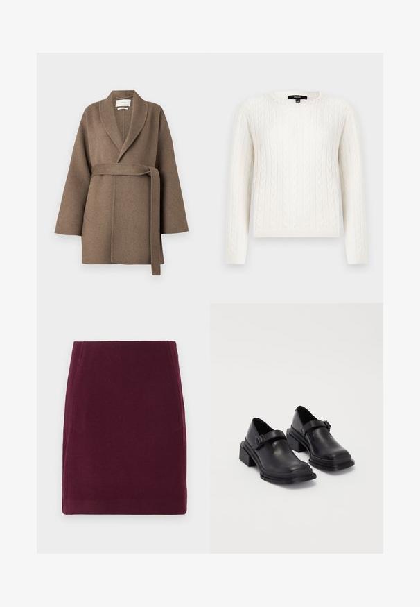 Bruin wollen jas met een sjaalkraag, een ceintuur in de taille en wijde mouwen. Heeft twee voorzakken en een zachte textuur.; Witte kabelgebreide trui met lange mouwen, een ronde halslijn en een decoratieve parelaccent bij de kraag. Zachte textuur en aansluitend ontwerp.; Vero Moda VMFORTUNALLISON SHORT - A-lijn rok - winetasting; Zwarte leren schoenen met een ronde neus, platte zool en een band met een gespdetail. Stevige blokhak voor extra stabiliteit.