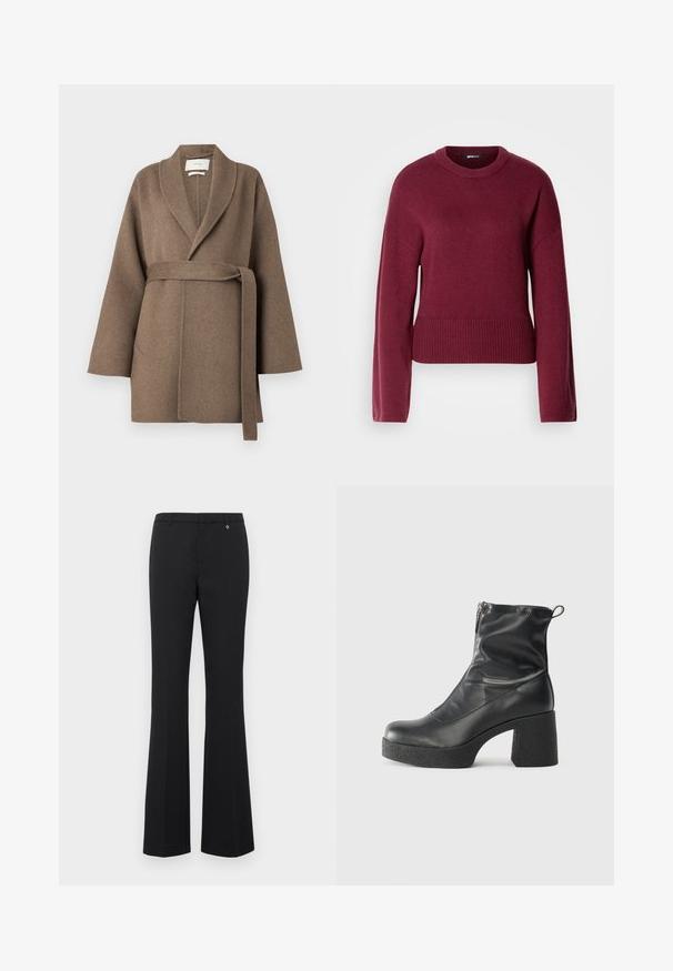 Bézs gyapjú kabát, sálgallérral, övvel a deréknál és széles ujjal. Két elülső zsebe van és puha tapintású.; Burgundy kötött pulóver, kerek nyakkal, hosszú ujjakkal és bordázott aljjal. Az anyag puhanak és textúráltak tűnik.; Fekete, lágy anyagból készült, trapéznadrág. Közepes derekú, övhurkokkal, lapos elülső résszel és egy kis arany díszítéssel a derékpánt közelében.; Fekete bokacsizmák sima bőrből, oldalsó cipzárral, vastag, texturált sarkú és lekerekített orrú dizájnnal.