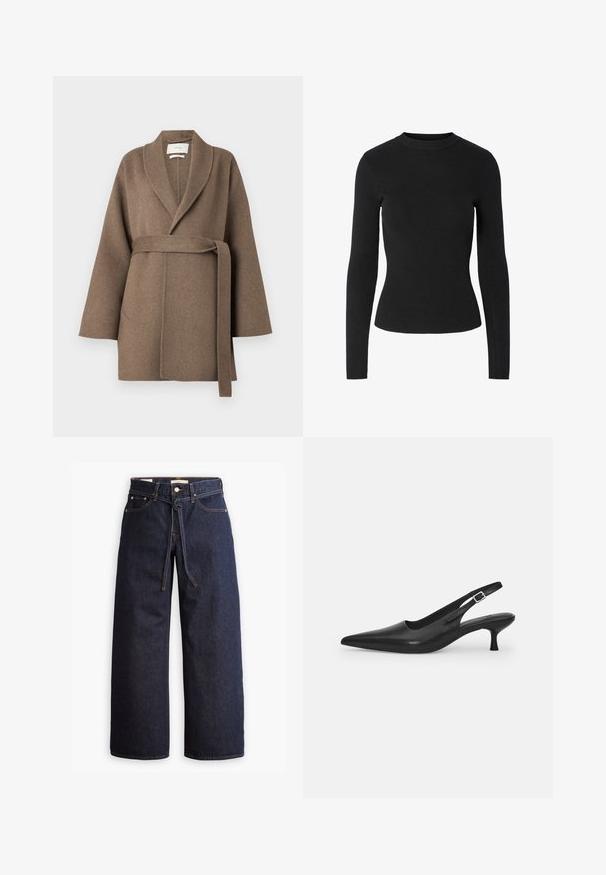 Brauner Wollmantel mit Schalkragen, tailliertem Gürtel und weitem Ärmel. Verfügt über zwei vordere Taschen und eine weiche Textur.; Schwarzer, gerippter Pullover mit langen Ärmeln, Rundhalsausschnitt und figurbetonter Passform, durchgehend mit glatter Textur.; Weite, dunkelblaue Jeans aus Denim mit hoher Taille, ausgestattet mit einem Kordelzug, fünf Taschen und kontrastierenden Nähdetails.; Schwarzer Leder-Slingback-Schuh mit spitzer Zehenform und schmalem, geschwungenem Absatz. Verfügt über einen unauffälligen verstellbaren Riemen mit einer Metallschnalle.