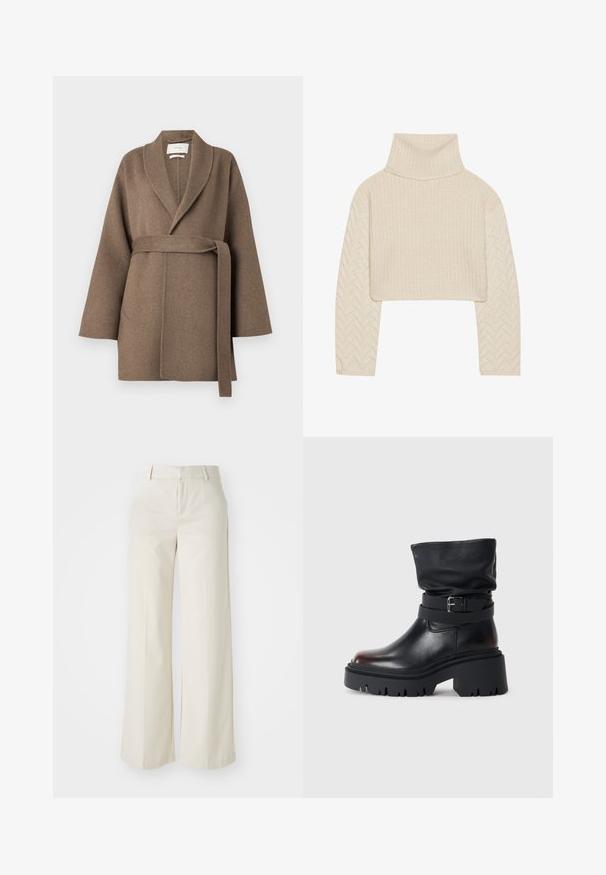 Hnedý vlnený kabát so šálovým golierom, opasok v páse a široké rukávy. Obsahuje dve predné vrecká a mäkkú textúru.; Krémový skrátený sveter s vysokým golierom, textúrovaným pleteným telom a rukávmi s ryšavým vzorom. Vyrobený z jemnej priadze.; Široké nohavice svetlej béžovej farby, vyrobené z hladkej textílie. Majú klasický pás a rovný predok s čistými líniami.; Čierne kožené členkové čižmy s voľnou hornou časťou, detailom s prackou a hrubou, robustnou podrážkou. Majú okrúhlu špičku a hladkú textúru.