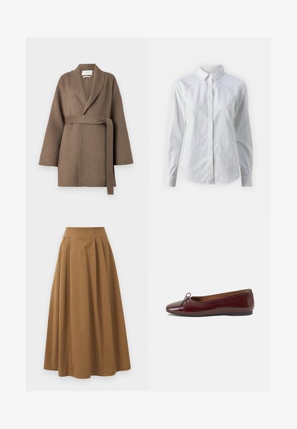Rjava volnena jakna s plaščastim ovratnikom, pasom in širokimi rokavi. Ima dva sprednja žepa in mehak material.; Bela srajca z gumbki, narejena iz gladkega bombaža, s klasičnim ovratnikom, dolgimi rokavi in ukrivljenim robom. Gumbi so majhni in beli.; Rjava bombažna A-linijska krila z visokim pasom, ki vključuje naborke spredaj in gladko teksturo. Robovi so čisti in preprosti.; Burgundska patenti usnjeni baletni čevlji z zaobljenim prstom, majhnim lokom na sprednji strani in nizkim črnim gumijastim podplatom. Gladka tekstura.
