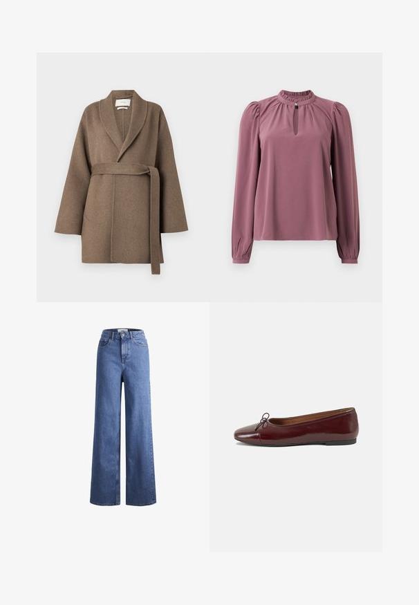Casaco de lã castanho com gola de xale, cintura com cinto e mangas largas. Apresenta dois bolsos frontais e uma textura suave.; Blusa de manga longa em cor malva com gola franzida, decote em forma de olho de fechadura com fechamento por botão e ombros ligeiramente bufantes.; Jeans de ganga azul claro, de perna larga e cintura alta, com dois bolsos frontais e costuras visíveis. Apresenta um fecho de botão e zíper.; Bailarinas em couro sintético borgonha com bico redondo, pequeno laço na frente e sola baixa em borracha preta. Textura suave.