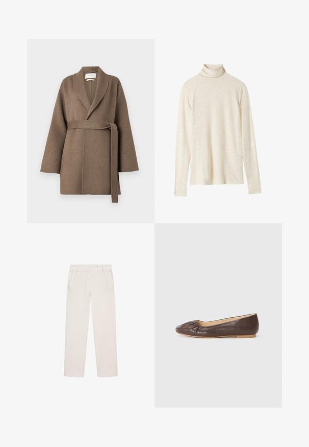 Hnědý vlněný kabát s šálovým límcem, páskem v pase a širokými rukávy. Má dvě přední kapsy a jemnou texturu.; Beige rolák s dlouhým rukávem vyrobený z měkké látky, má pohodlný střih, jemnou texturu a žádné viditelné vzory ani akcenty.; Krémové kalhoty rovného střihu s poutky na opasek, bočními kapsami a skrytým zapínáním vpředu.; Hnědé kožené baletní byty s kulatou špičkou, s nařaseným detailem na přední části a plochou, světlou podrážkou.