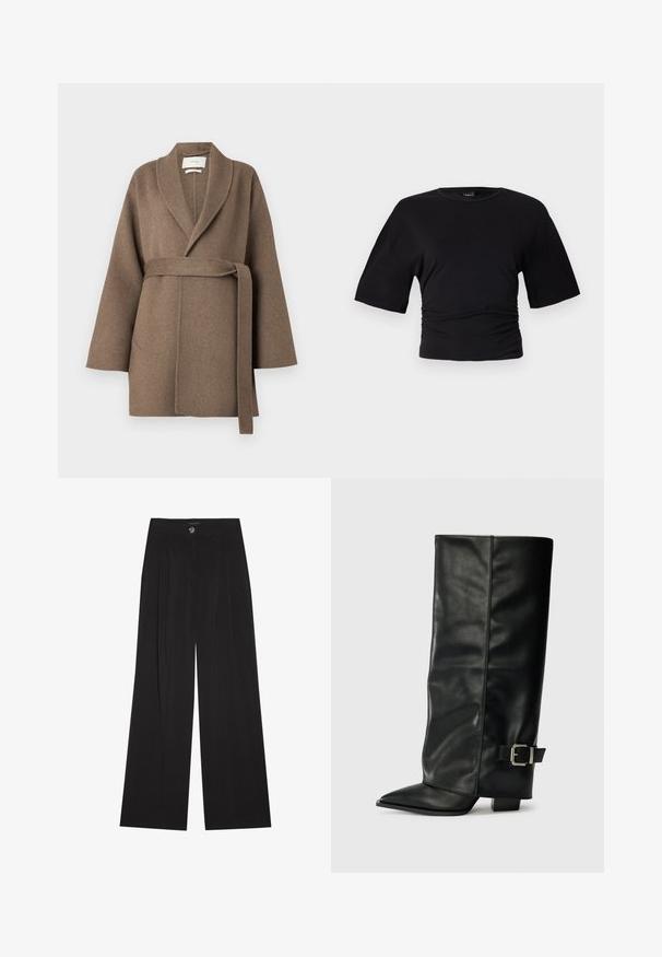 Brown wool coat with a shawl collar, belted waist, and wide sleeves. Features two front pockets and a soft texture.; Gina Tricot SOFT TOUCH RUCHED TEE - Basic T-shirt - black; Black wide-leg trousers with pleats, featuring a button closure and two side pockets; smooth texture with a tailored design.; Black leather ankle-length boots with a pointed toe, smooth texture, and a silver buckle accent on the side. Chunky square heel.