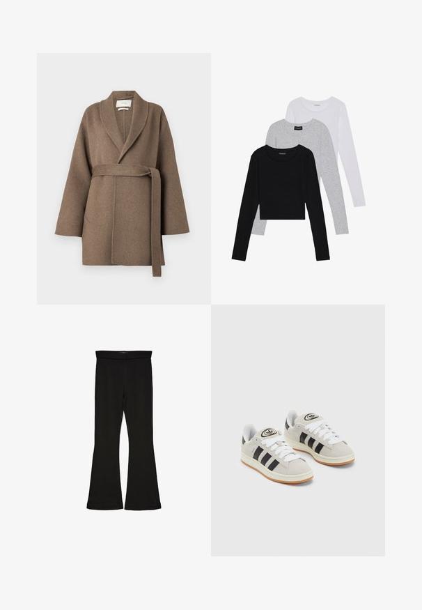 Pruun villane jope, millel on krae kurgus, vöödiga vöökoht ja laiad varrukad. Omab kahte esist taskut ja pehmet tekstuuri.; Kolm pikkade varrukatega toppi, mis on üksteise peale asetatud: must, hall ja valge. Igal ühel on ümar kaelus ja lühike disain, valmistatud siledast, kergekaalulisest kangast.; Mustad mustad sääred, mis on valmistatud venivast kangast. Omab laia vööd ja siledat tekstuuri, sobituv siluett, mis laieneb allservas.; Hallid hallid nahkrennid valgete paeltega, mustade triipudega ja valge kummitaldiga. Omab ümmargust logo keeles ja kummitalda.