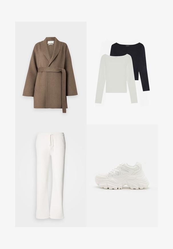 Ruskea villakangastakki, jossa on huivikaulus, vyötärövyö ja leveät hihat. Takissa on kaksi etutaskua ja pehmeä tekstuuri.; Kaksi pitkähihaista puseroa: yksi valkoinen ja yksi musta, joissa on leveä pääntie ja pehmeä, sileä kuosi. Molemmilla on tiukka muotoilu.; Valkoiset, rento-fittiset collegehousut pehmeästä kankaasta, jossa on joustava vyötärönauha ja nyöri sekä suora lahjemuoto.; Valkoiset paksut lenkkarit, joissa on teksturoitu päällinen, verkkomaiset paneelit ja paksut kumipohjat, joissa on merkittävä kuviointi. Nauhat ja vetotappi mukana.