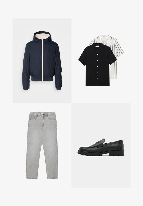 Mornarska puffer jakna s kapuljačom, s kremastim patentnim zatvaračem i ovratnikom, elastičnim rukavima i rebrastim rubom. Crni logo na prsima.; Dva kratka rukava košulje: jedna potpuno crna, a druga bijela s crnim okomitim prugama. Obje imaju dugmad i klasični ovratnik.; Svijetlosivi traper hlače s ravnim nogavicama, stilom s pet džepova i kopčanjem na gumb. Vidljivo šivenje duž šavova.; Crne kožne mokasine s zaobljenim vrhom, s ušivenim dizajnom, niskom platformom i teksturiranim, gumenim potplatom s izbočinama.