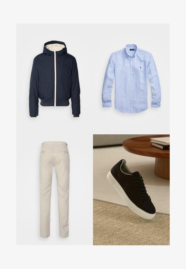 Doudoune marine à capuche, avec une fermeture éclair et un col en crème, des poignets élastiques et un ourlet côtelé. Logo noir sur la poitrine.; Chemise à rayures bleues et blanches à manches longues en coton, dotée d'un col boutonné, de boutons sur le devant et d'un petit logo brodé sur la poitrine.; Pantalon beige avec une texture lisse, coupe droite, deux poches arrière avec boutons, et une taille standard.; Baskets noires avec semelle blanche flottant au-dessus d'un tapis texturé beige, près d'une table en bois ronde avec des livres empilés.